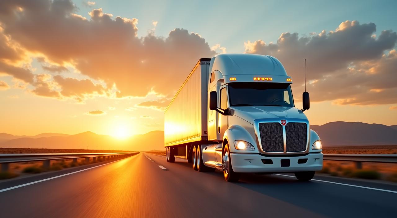 Heavy duty long-haul truck driving into the sunset